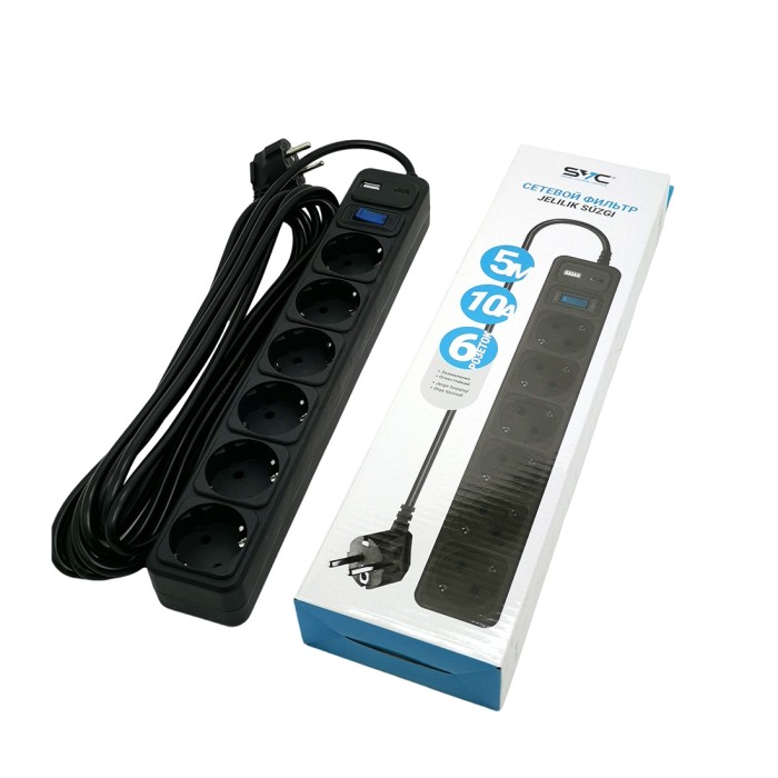 Сетевой фильтр SVC ZC6S-50M-USB/TypeC 5 м. 220 В