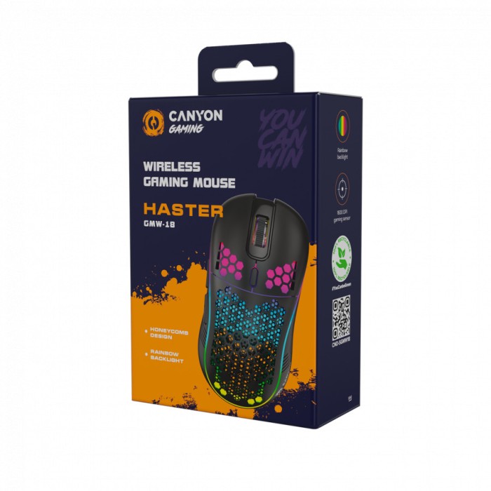 Canyon 7keys Gaming 2.4G wireless mouse, KA8 sensor, DPI up to 1600, rubber coating on panel, Huano 1million switch, 45cm PVC cable, ABS material. 400mAh battery, size: 125.8*63.7*41mm, weight: 95g, Black