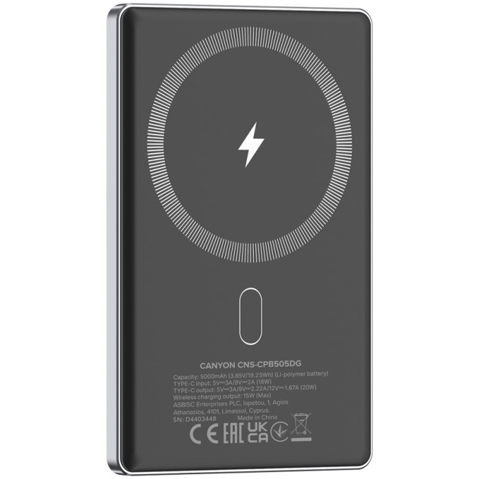 CANYON power bank OnPower 505 slim Magnetic 5000 mAh PD20W Dark Grey