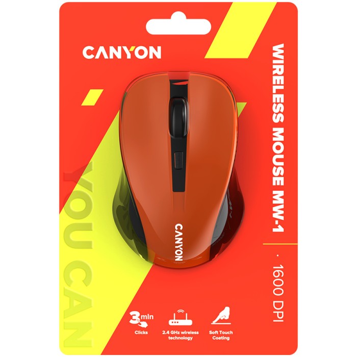 CNE-CMSW1O CANYON мышь, цвет - оранжевый, беспроводная 2.4 Гц, DPI 800/1000/1200 DPI, 3 кнопки и колесо прокрутки, прорезиненное покрытие