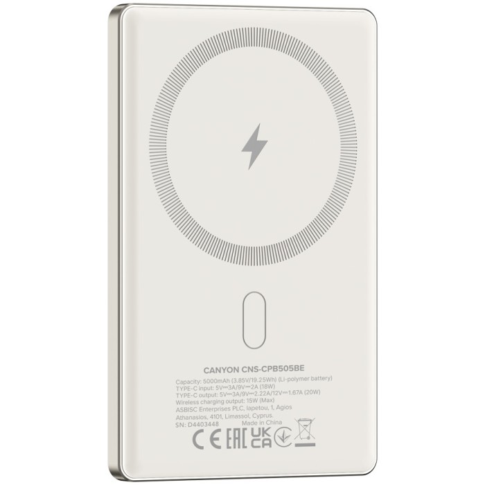 CANYON power bank OnPower 505 slim Magnetic 5000 mAh PD20W Beige