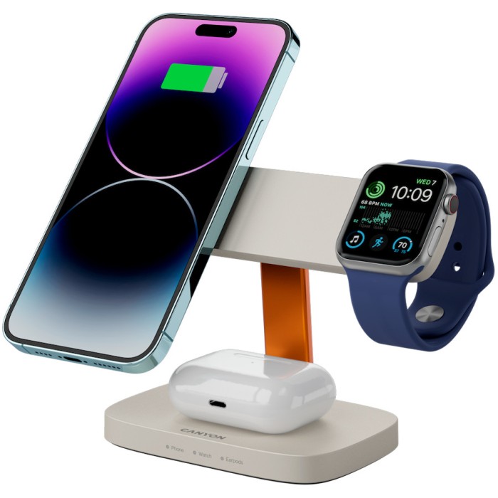 CANYON Wireless Charging Station Hexagon 310 3in1 LightGrey/Orange