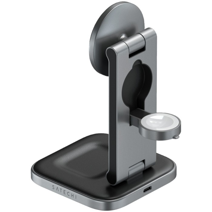 SATECHI 3-in-1 Foldable Qi2 Wireless Charging Stand (Space Gray) with Type A,C,G plugs