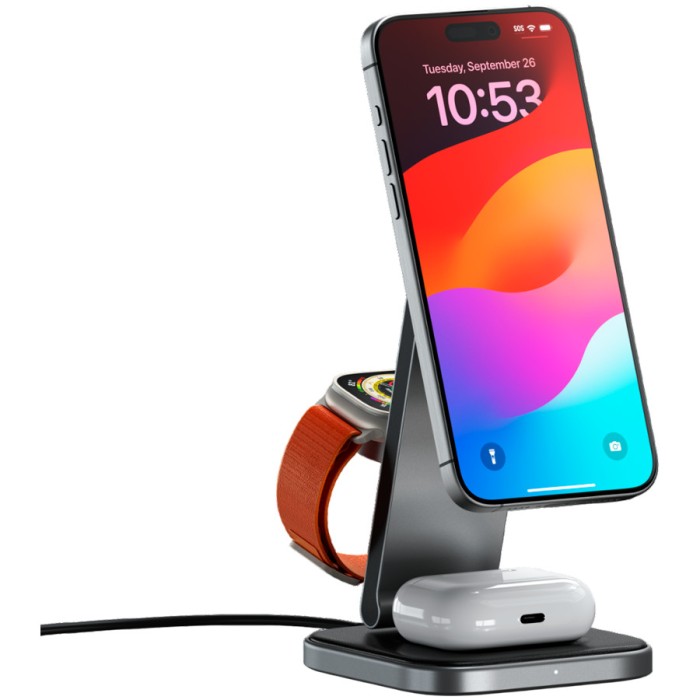 SATECHI 3-in-1 Foldable Qi2 Wireless Charging Stand (Space Gray) with Type A,C,G plugs