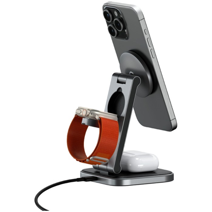 SATECHI 3-in-1 Foldable Qi2 Wireless Charging Stand (Space Gray) with Type A,C,G plugs