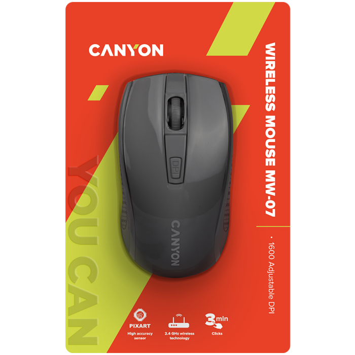 CANYON MW-7, 2.4Ghz wireless mouse, 4 buttons, DPI 800/1200/1600, with 1 AA battery ,size 110*60*37mm,58g,black