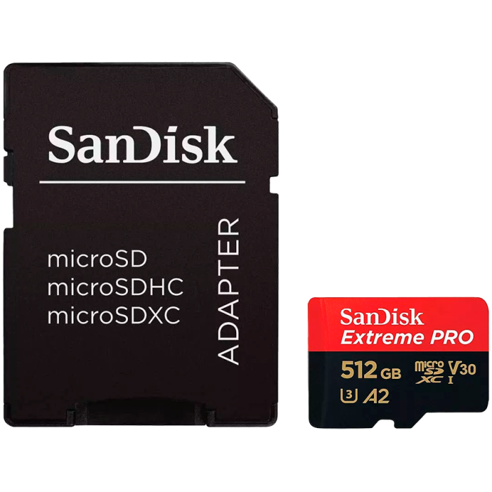 SANDISK Extreme PRO microSDXC 512GB + SD Adapter + 2 years RescuePRO Deluxe up to 200MB/s & 140MB/s Read/Write speeds A2 C10 V30 UHS-I U3