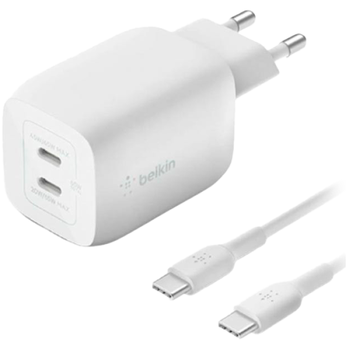BELKIN 65w PD PPS Dual USB-C GaN Wall Charger, WHT + 100w C-C 2m