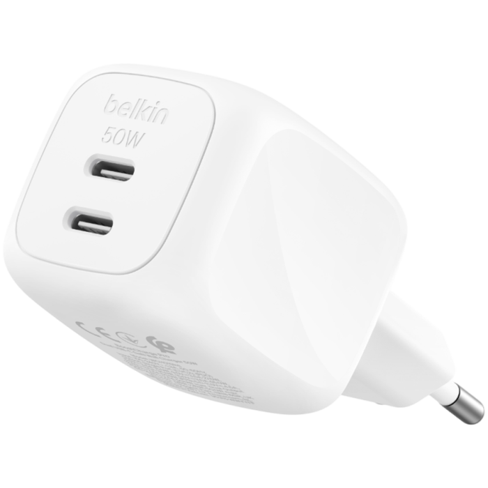 BELKIN 50w Dual USB-C PD wall Charger with PPS, White