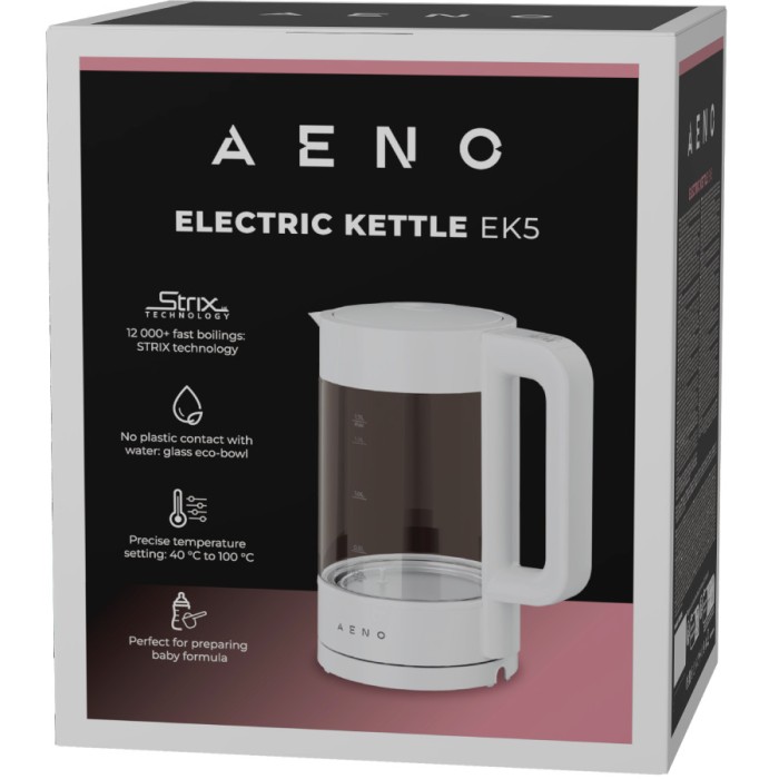 AENO EK5 Electric Kettle, 1.7L, Temp Control 40-100°C, Strix, White