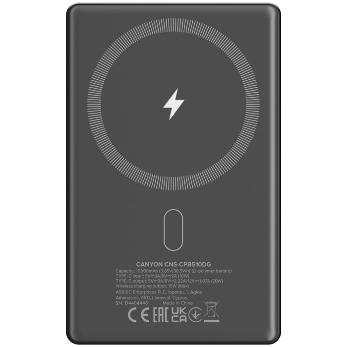 CANYON power bank OnPower 510 slim Magnetic 10000 mAh PD20W Dark Grey