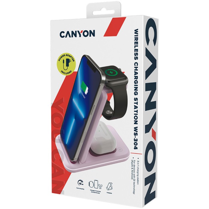 CANYON wireless charger WS-304 15W 3in1 Iced Pink