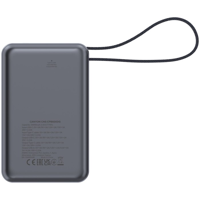 CANYON power bank OnPower 600 built-in cable 20000 mAh PD65W Dark Grey