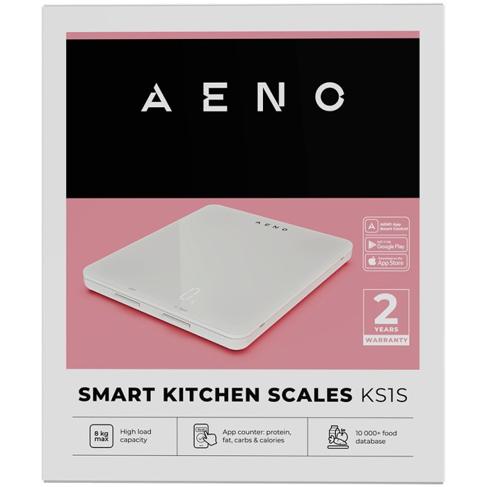 Умные кухонные весы AENO KS1S, максимальная нагрузка - 8 кг, Bluetooth, более 10 000 продуктов и блюд, анализ по 25 показателям, режим для кофе, 6 единиц измерения: кг, г, фунты, унции, жидкие унции, мл, материал - стекло.