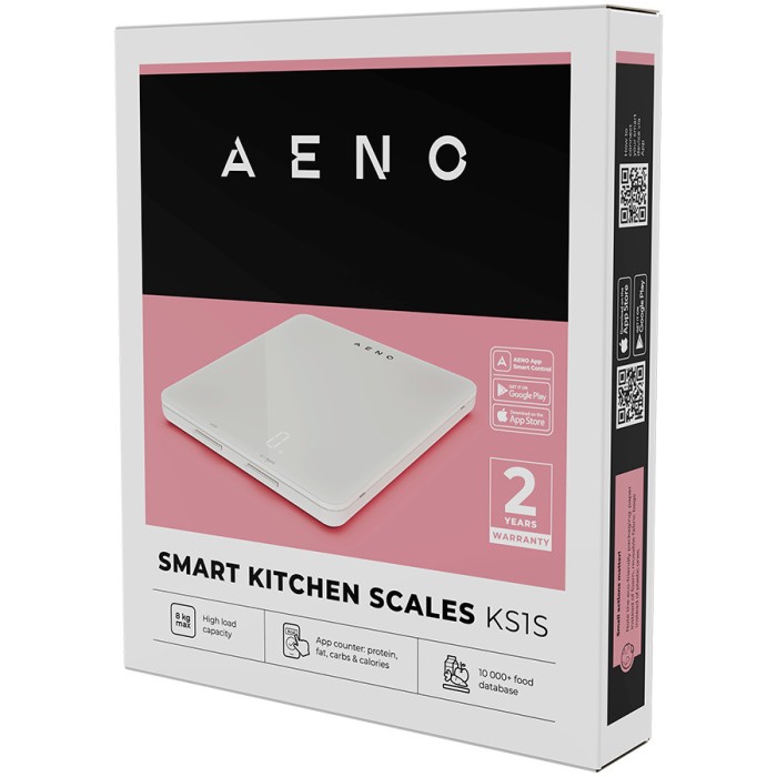 Умные кухонные весы AENO KS1S, максимальная нагрузка - 8 кг, Bluetooth, более 10 000 продуктов и блюд, анализ по 25 показателям, режим для кофе, 6 единиц измерения: кг, г, фунты, унции, жидкие унции, мл, материал - стекло.