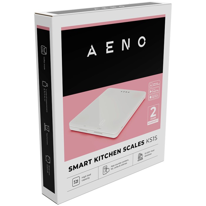 Умные кухонные весы AENO KS1S, максимальная нагрузка - 8 кг, Bluetooth, более 10 000 продуктов и блюд, анализ по 25 показателям, режим для кофе, 6 единиц измерения: кг, г, фунты, унции, жидкие унции, мл, материал - стекло.