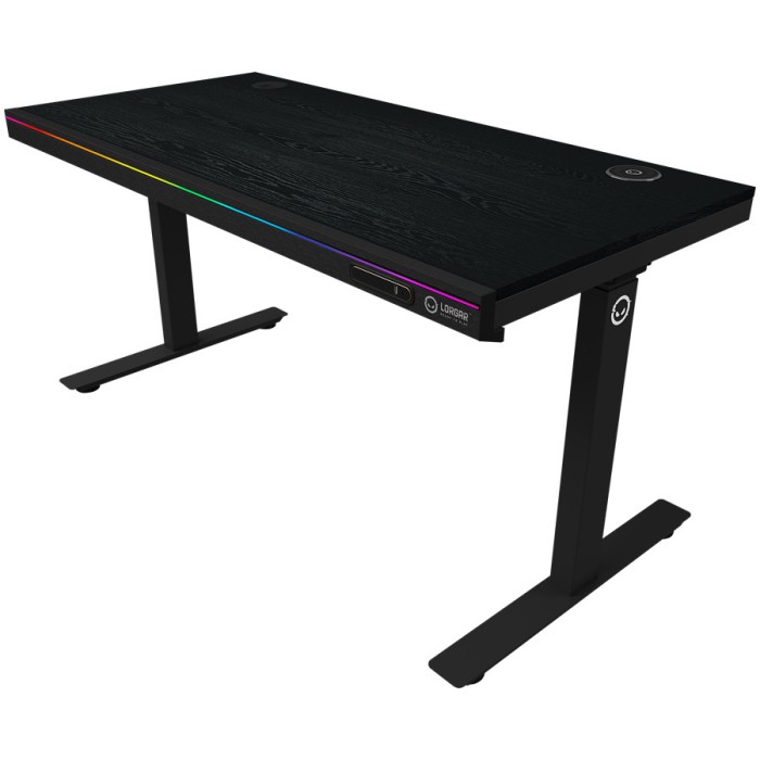Dual-motor sit/stand adjustable-height gaming desk with wireless charger, RGB lighting, control panel, and USB ports, PB melamine surface tabletop, black.