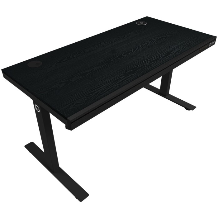 Dual-motor sit/stand adjustable-height gaming desk with wireless charger, RGB lighting, control panel, and USB ports, PB melamine surface tabletop, black.