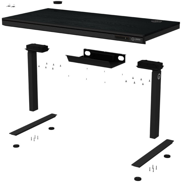Dual-motor sit/stand adjustable-height gaming desk with wireless charger, RGB lighting, control panel, and USB ports, PB melamine surface tabletop, black.
